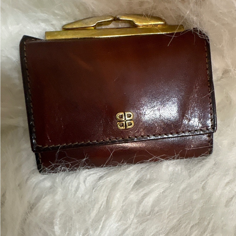 Bosca Vintage Brown Leather Trifold Wallet Kiss‎ Lock Hand Stained Hide USA Made